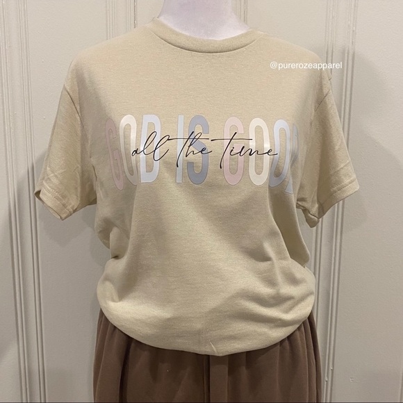 God is good Christian tshirt short sleeve beige tan - Picture 1 of 2